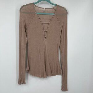 Free People Intimately Size Large Bae Bae Layering Top Brown Raw Hem Slit Cuffs
